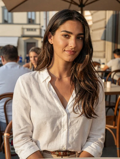 Sofia, 28, a smiling Italian woman at a Florence cafe terrace
