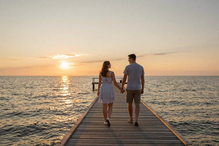 Couple walking together on the Palanga pier at sunset with the Baltic Sea and golden light