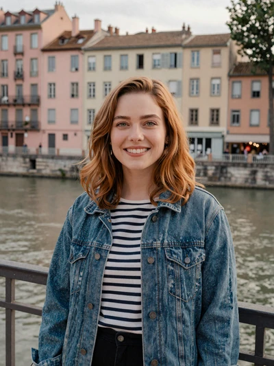 Margaux, 26, a French woman with auburn hair smiling on a Lyon bridge