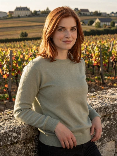 Manon, 27, an auburn-haired French woman near Bordeaux vineyards at golden hour