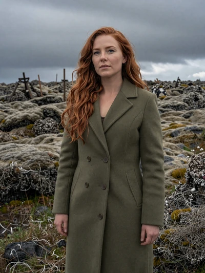 Guðrún, 32, a copper-haired Icelandic woman standing in a moss-covered lava field near Hafnarfjörður