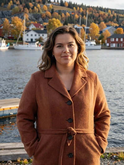 Iida, 37, a Finnish woman with brown waves at Kuopio harbor overlooking Lake Kallavesi