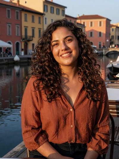 Valentina, 29, Italian woman smiling joyfully at a canal-side cafe in Milan
