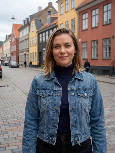 Ida, 30, a sandy-haired Danish woman on a cobblestone street in Aarhus old town