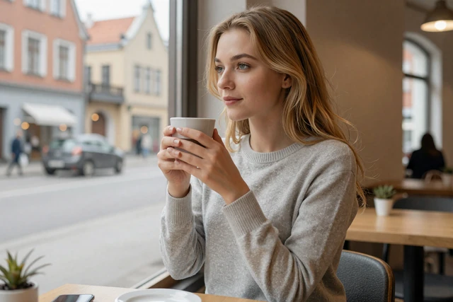 Latvian woman enjoying coffee at a Riga Art Nouveau district café with elegant architecture visible outside