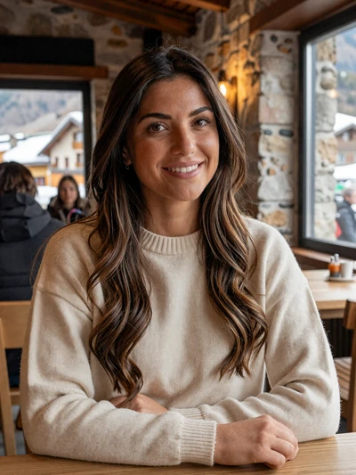 Núria, 28, a smiling Andorran woman at a cozy mountain café in Andorra la Vella