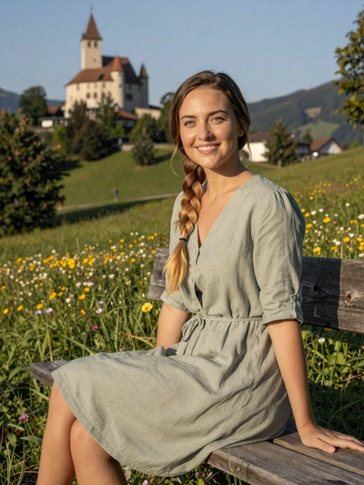 Sophia, 26, a Liechtenstein woman with braided dark blonde hair in an Alpine meadow near Balzers