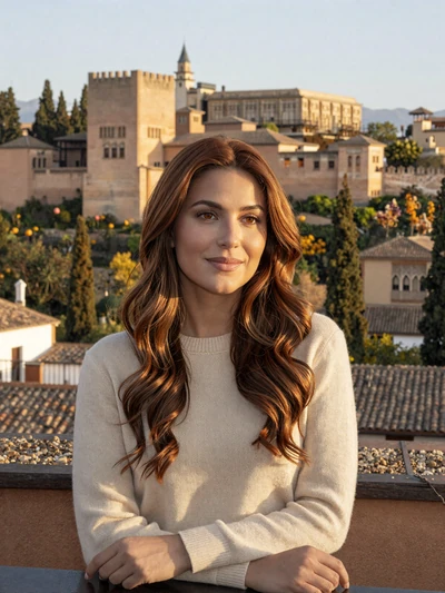 Laura, 31, a serene Spanish woman at a Granada mirador with the Alhambra in background