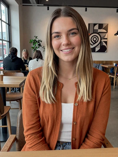 Lotte, 29, a dark blonde Dutch woman at a modern design cafe in Eindhoven