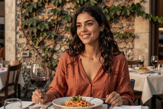 Italian woman enjoying pasta and wine at a rustic outdoor Roman trattoria at golden hour