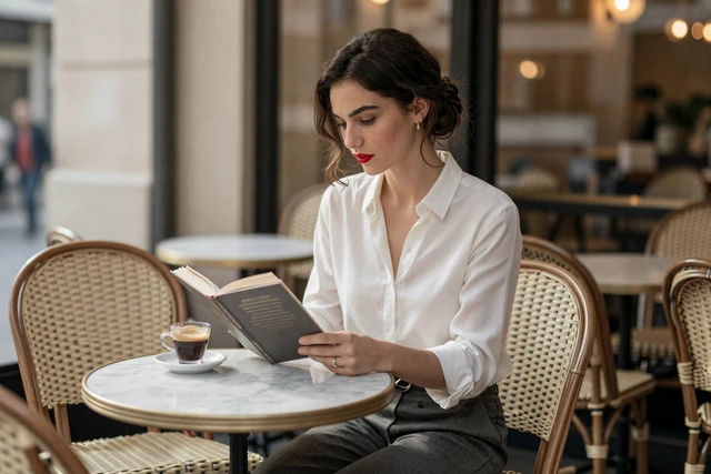 Elegant French woman reading at a classic Parisian cafe terrace in morning light