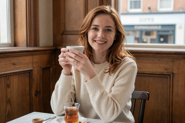 Irish woman enjoying tea at a traditional Dublin café with warm wooden interior