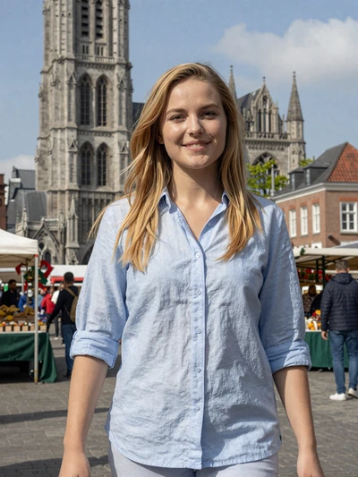 Jana, 28, a honey blonde Belgian woman in Mechelen market square with cathedral tower