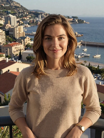 Camille, 28, a graceful Monacan woman on a balcony overlooking Monaco rooftops and the sea