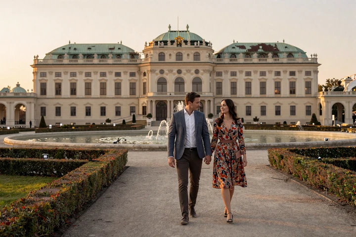 Couple walking through the gardens of Belvedere Palace in Vienna during golden hour sunset