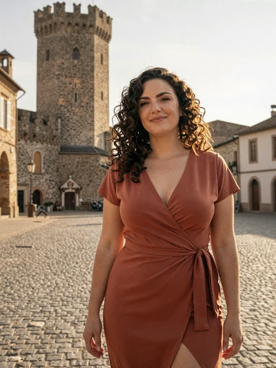 Noémie, 30, a dark-haired Luxembourg woman in the historic town center of Wiltz