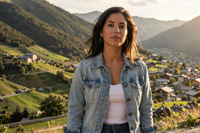 Andorran woman standing at a Pyrenean mountain overlook with a green valley and village below