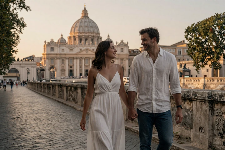 Romantic couple walking along the Tiber River at sunset with St Peter's Basilica dome in background