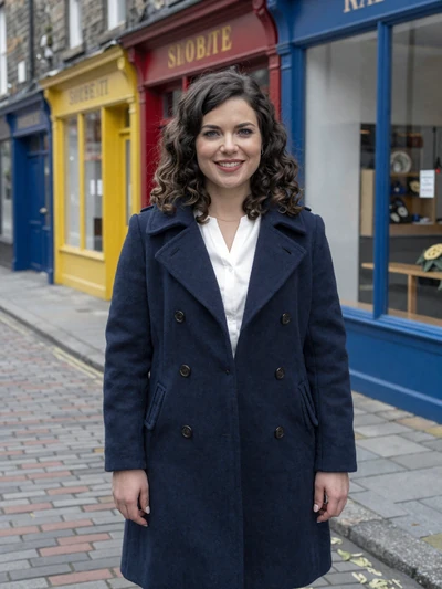 Siobhán, 31, a confident Irish woman with dark curly hair on a Cork city street