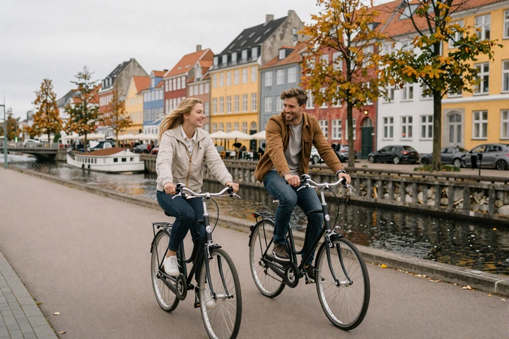 Couple cycling together along a Copenhagen canal with colorful buildings and autumn foliage