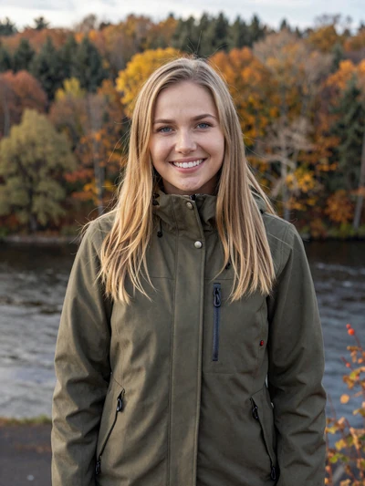 Maija, 29, a Latvian woman with sandy blonde hair at the Gauja Valley overlook in Sigulda