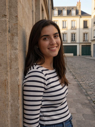Juliette, 28, French woman in a Breton top on a charming Lyon street at golden hour