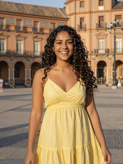 Isabel, 25, Spanish woman with curly dark hair smiling joyfully on a sunny Madrid plaza