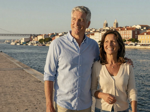 Robert from Seattle and Helena from Lisbon walking along the Tagus river