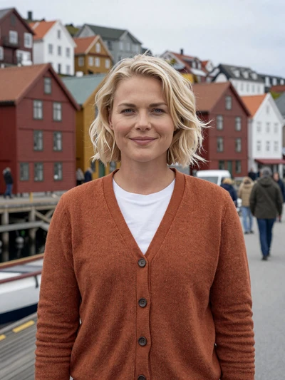 Aina, 31, a confident Norwegian woman on Bergen wharf reflecting Nordic dating values