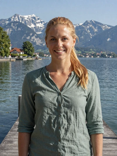 Sophie, 28, a strawberry blonde Austrian woman at Lake Constance waterfront in Bregenz