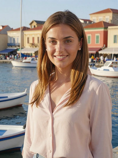 Christina, 24, a young Greek woman with honey hair at the Venetian harbor of Chania Crete