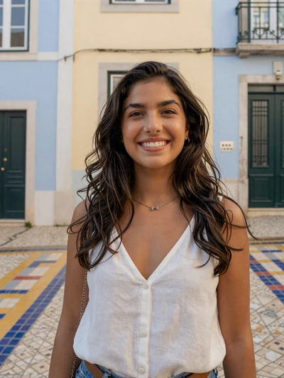 Beatriz, 26, a joyful Portuguese woman on a colorful Lisbon street