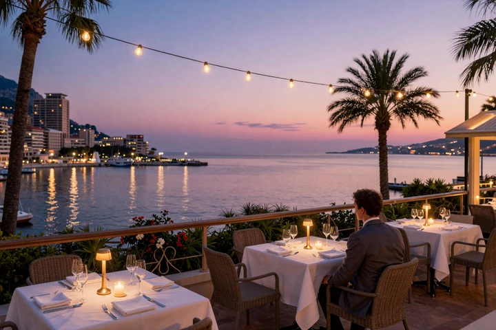 Romantic candlelit dinner terrace overlooking Monte Carlo harbor at twilight in Monaco