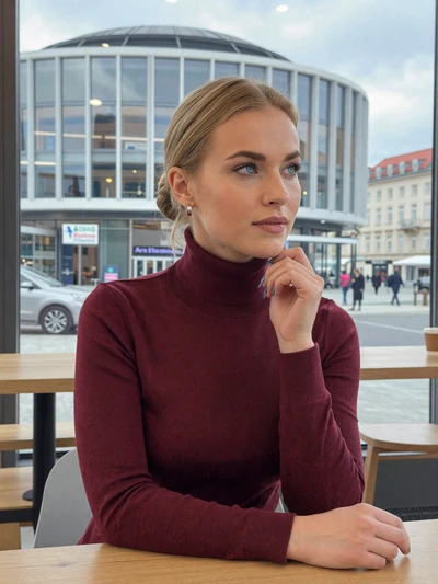 Elisabeth, 33, a honey blonde Austrian woman at a modern cafe in Linz