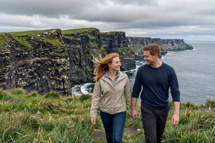 Couple enjoying a romantic walk along the Cliffs of Moher in Ireland with dramatic ocean views