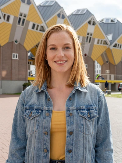 Lotte, 27, Dutch woman smiling near modern Rotterdam architecture