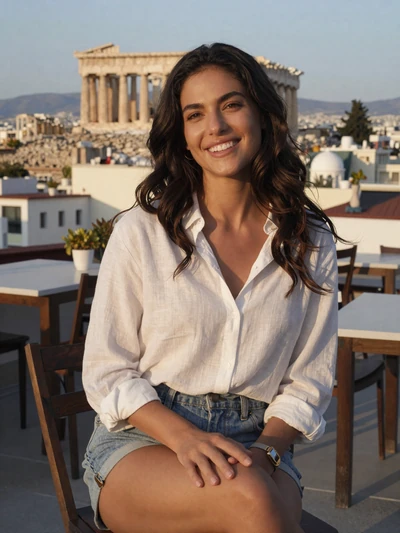 Eleftheria, 27, Greek woman with dark hair smiling at an Athens rooftop cafe with Parthenon view