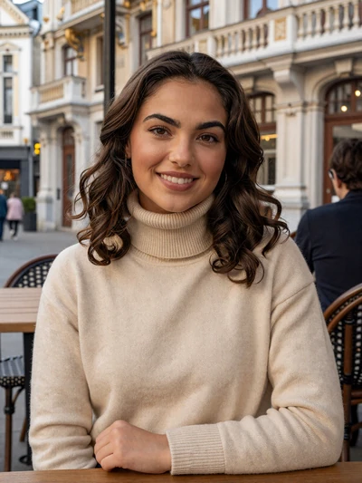 Noor, 27, a Belgian woman with dark brown hair smiling at a Brussels cafe terrace