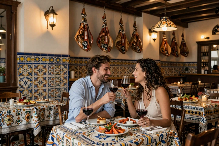 Romantic couple sharing tapas and wine at a traditional Spanish bar in Seville with colorful tiles and hanging jamón