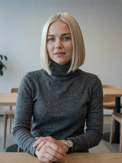 Elena, 33, a Swiss woman with platinum blonde bob at a sleek Basel cafe