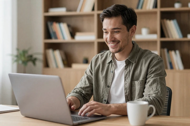 American man safely video chatting with a European woman on a dating platform