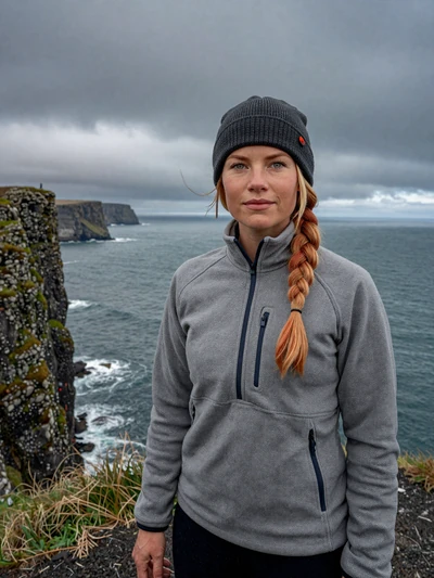 Þórdís, 31, a strawberry blonde Icelandic woman on windswept cliffs in the Vestmannaeyjar islands
