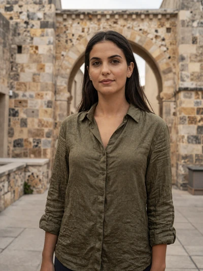 Maria, 33, a confident Greek woman with dark hair in the medieval old town of Rhodes