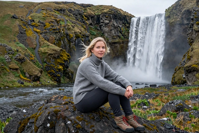 Independent Icelandic woman hiking near a dramatic waterfall in Iceland's volcanic landscape