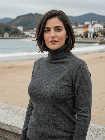 Alba, 37, an elegant Spanish woman at the La Concha beach promenade in San Sebastián