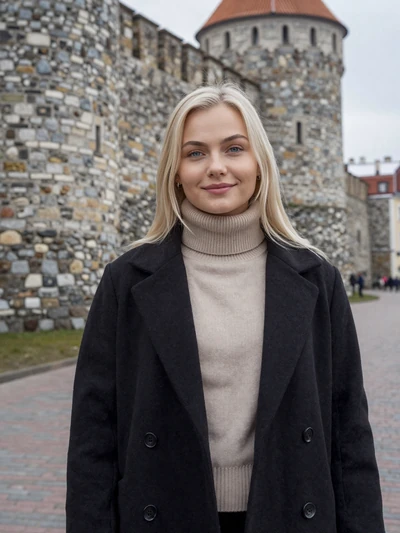 Liina, 26, Estonian woman with platinum blonde hair smiling in Tallinn Old Town