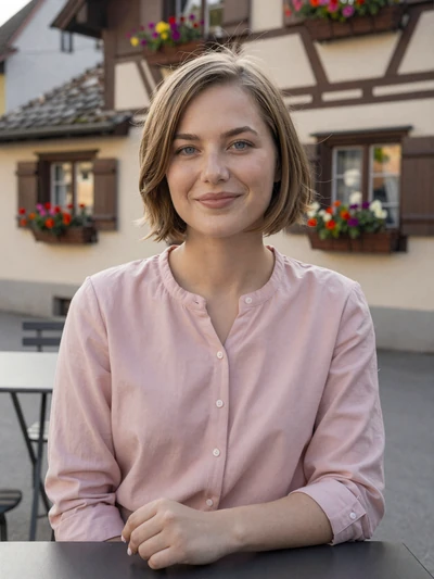 Nina, 25, a Liechtenstein woman with a bob haircut at a village cafe in Ruggell