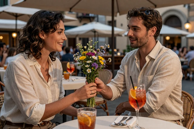 American man presenting wildflowers to a smiling Italian woman at an outdoor aperitivo bar