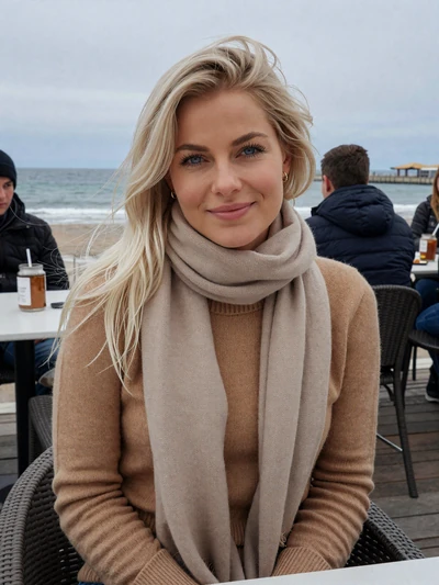 Josefine, 28, a platinum blonde Danish woman at a seaside restaurant in Esbjerg