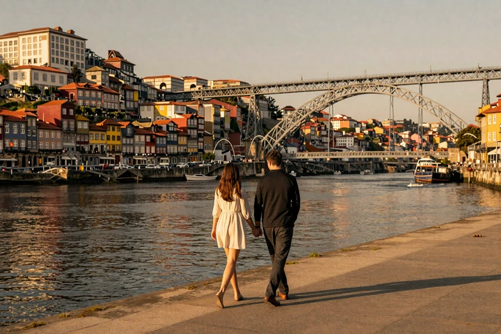 Couple walking along Porto Ribeira waterfront with colorful buildings and Dom Luis I Bridge at sunset